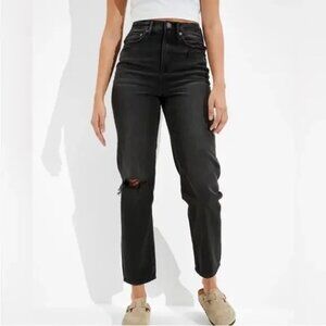 AE American Eagle Jeans Highest Rise 90s Boyfriend Sz 10 XLong Black Ripped Dist